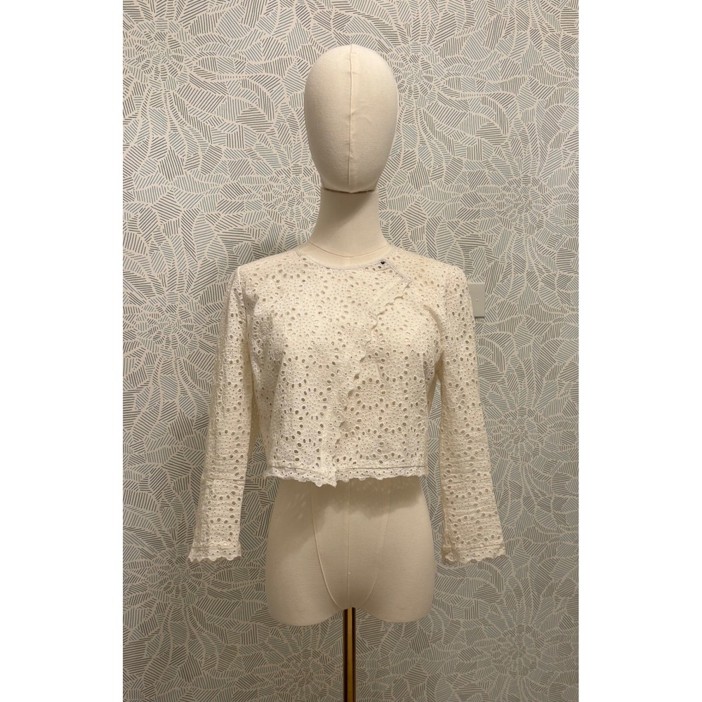 BCBGMAXAZRIA White Cotton Eyelet Lace Cropped Jacket Snap Closure Size M